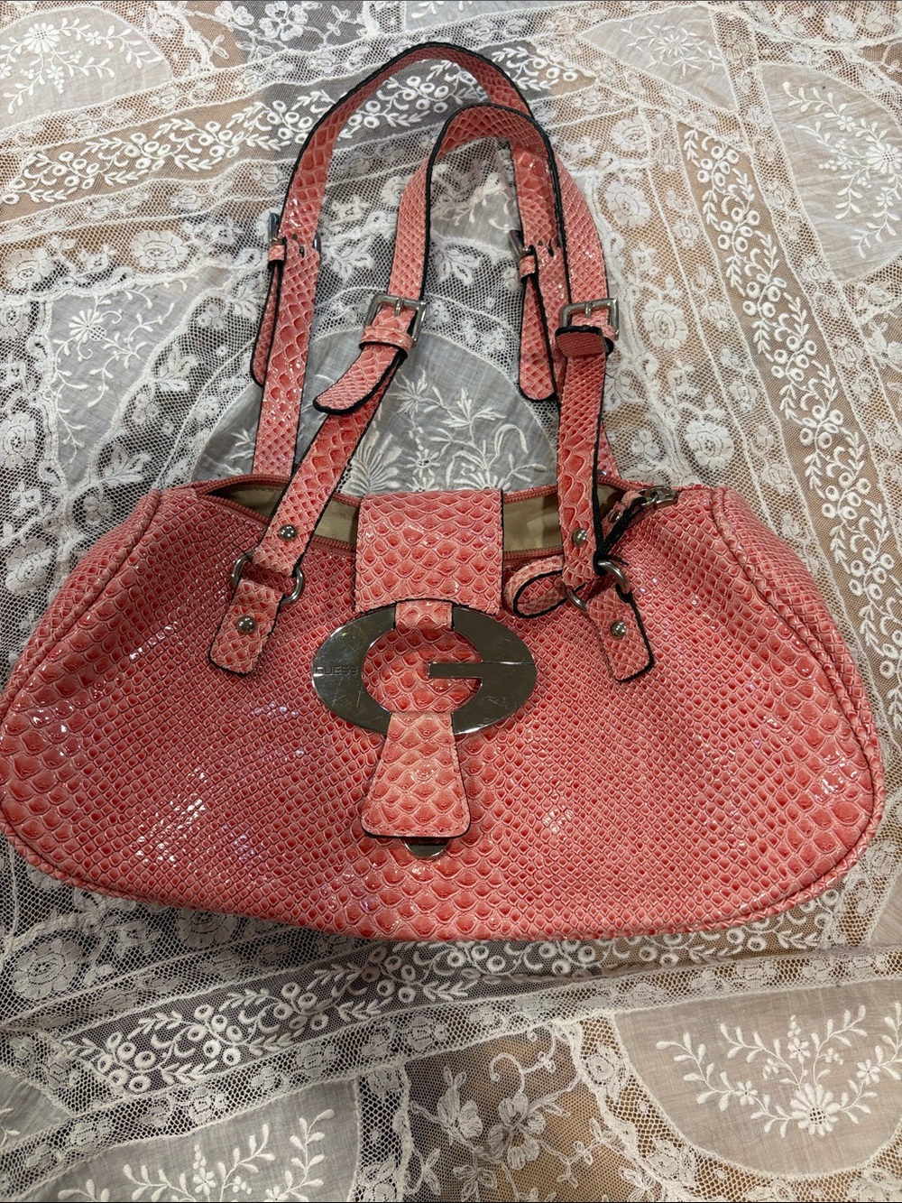Guess Pink Textured Shoulder Bag with Metal Accent